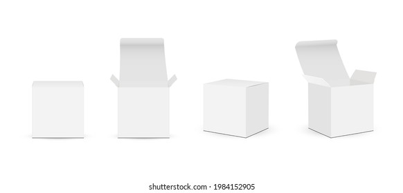 Cajas cuadradas de papel Mockups con tapa abierta y cerrada, aisladas en fondo blanco, vista frontal y lateral. Ilustración vectorial