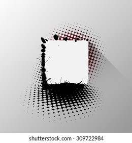 paper square tag with splatters and halftone, long shadow effect