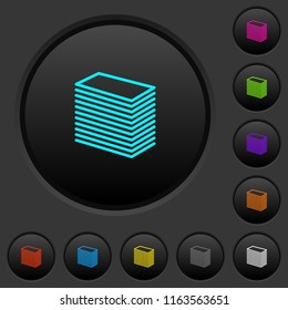 Paper stack dark push buttons with vivid color icons on dark grey background
