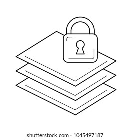 Paper stack with lock vector line icon isolated on white background. Lock on the top of paper stack symbolizing online library line icon for infographic, website or app.