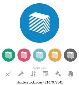 Paper stack solid flat white icons on round color backgrounds. 6 bonus icons included.