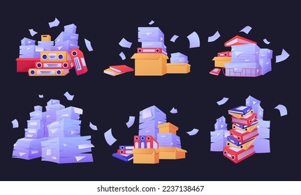 Paper stacks. Document heaps. Office paperwork. Messy accounting work. File folders piles set. Cardboard boxes with pages. Bureaucracy and job overwork. Vector cartoon recent concept