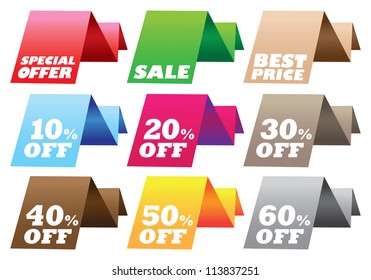 Paper stand discount labels with different messages. Vector illustration.
