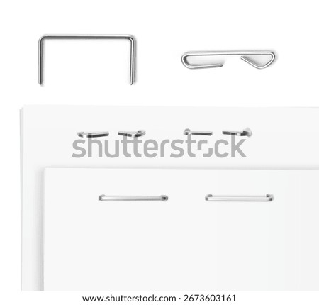 Paper with stapler pin mockup set. Vector illustration on white background. Can be use for your design, presentation, promo, adv. EPS10.