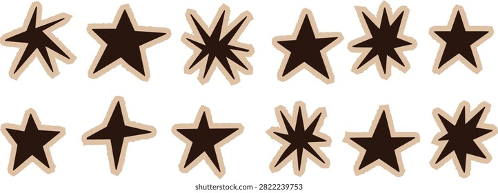 Paper star collection with collage shapes and soft hand drawn points. Black silhouettes feature warm beige outlines and subtle worn texture. Rustic vector paper star set for notebook cover design.