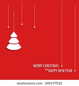 Paper stars and pine on a red background. Design elements for holiday cards.  Christmas paper card with hanging toy. Abstract vector background. Vector illustration.