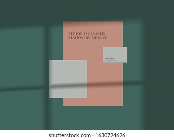 Paper stationery set mockup with shadow overlay. Silhouette effect, trendy modern minimalist design for branding, identity presentation, fashion, wedding invitations, posters. Scalable and editable ve