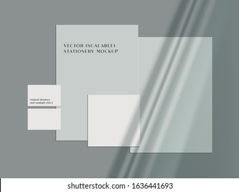 Paper stationery set mockup with shadow overlay. Silhouette effect, trendy modern minimalist design for branding, identity presentation, fashion, wedding invitations, posters. Scalable and editable ve