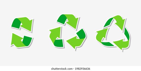 Paper sticker eco friendly green triangular recycling symbol. Rotate circle arrow icon. Rotation, infographics element for website, app. Logo for using recycled resources. Isolated vector illustration