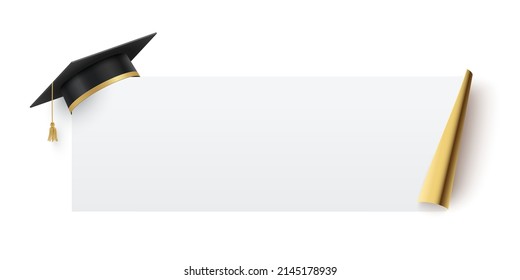 Etiqueta de papel con ilustración vectorial de sombrero de graduado. 3d hoja enrollada realista con borde brillante de lámina de oro y gorra con tassel, elemento de diseño de etiqueta para graduarse de la escuela, universidad, universidad