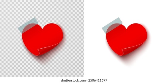 Paper sticker in heart shape on translucent sticky tape with shadow isolated on transparent background. Vector empty note post template for Happy Valentine's or Mother's Day design