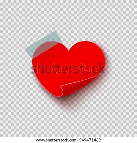 Paper sticker in heart shape on translucent sticky tape with shadow isolated on transparent background. Vector empty note post template for Happy Valentine's Day or Mother Day design