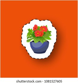 Paper sticker with a houseplant. Flower in a pot. Isolated icon. Vector illustration.

