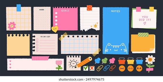 Paper sticker notes. Cartoon sticky sheets. Organization tapes, remind papers memo pages, notebook sticker, goal management office board blank for message. Scrapbooking with clips and pins vector set.