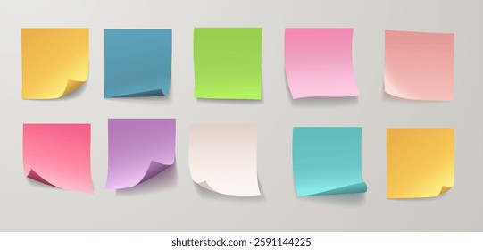 Paper sticker notes different colors vector set. Realistic adhesive sheet reminder with curled corner and shadow. Post it paper. Stationery memory organize. Empty square blank for messages, mock up