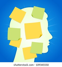 Paper Sticker on Blue Background - Head silhouette full of yellow and green memo notes