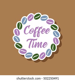 paper sticker on stylish background bean Coffee time logo
