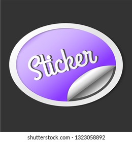 Paper sticker with peel off corner. Vector purple banner or circle folded label.