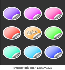 Paper sticker with peel off corner. Vector purple banner or circle folded label.
