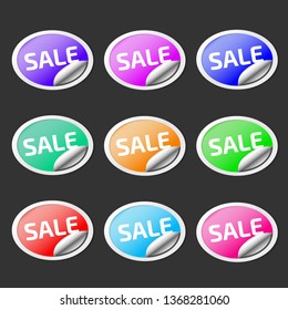 Paper sticker with peel off corner. Vector purple banner or circle folded label.