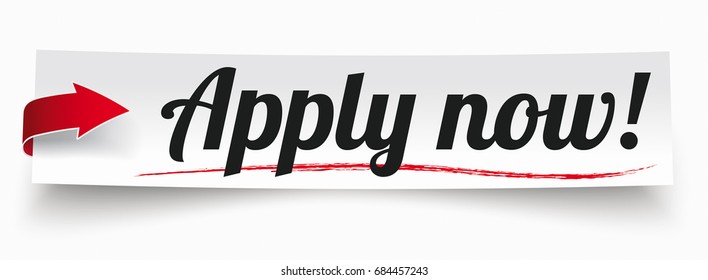 Paper sticker with red arrow and text "apply now". Eps 10 vector file.