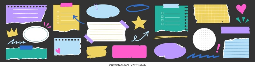 Paper sticker scrapbook tape set. Hand drawn paper sticker scrapbook tape with texture tear notebook cut note. Y2k retro cutout label diary collage craft ripped background. Vector illustration