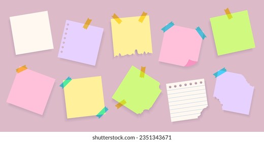Paper sticker set, vector reminders, templates, colorful square note papers, backgrounds.