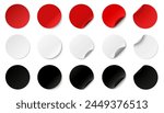 Paper stickers circle with rounded edges adhesive, red white and black paper round stickers with peeling corner and shadow, isolated rounded plastic mockup, set round paper curved corner