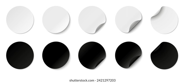 Paper stickers circle with rounded edges adhesive, white and black paper round stickers with peeling corner and shadow, isolated rounded plastic mockup, set round paper curved corner