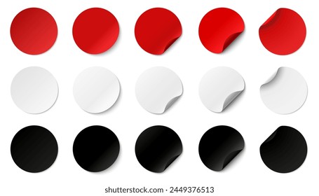 Paper stickers circle with rounded edges adhesive, red white and black paper round stickers with peeling corner and shadow, isolated rounded plastic mockup, set round paper curved corner