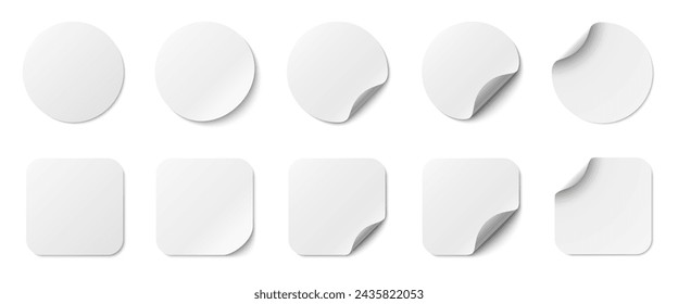 Paper stickers circle and square with rounded edges adhesive. White tags, paper round stickers with peeling corner and shadow, isolated rounded plastic mockup, realistic set round paper curved corner