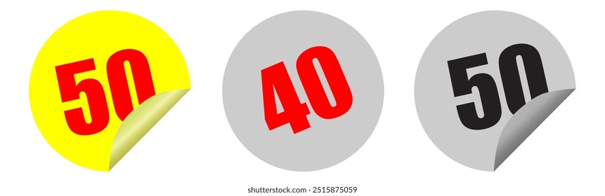 Paper stickers, circle and square with rounded edges, adhesive. White tags, paper round stickers with peeling corner and shadow
