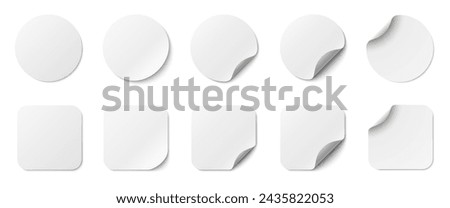 Paper stickers circle and square with rounded edges adhesive. White tags, paper round stickers with peeling corner and shadow, isolated rounded plastic mockup, realistic set round paper curved corner