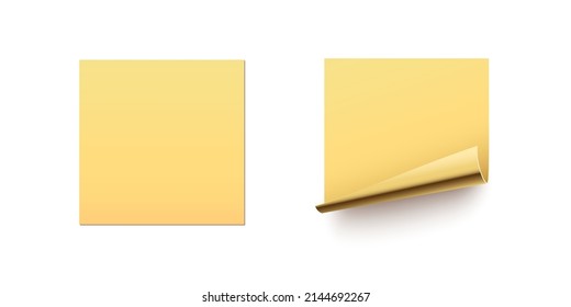 Paper stickers curl golden corner vector illustration set. Sticker blank page leaf with curved rolled glossy gold edge, empty flip document, template design element collection isolated on white