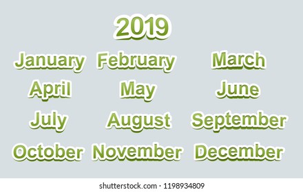 Paper stickers in green with the names of the months and the text 2019. For Christmas cards, calendars, backgrounds and other designs.