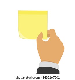 Paper stickers in hand. Hand holding a yellow sticker. Notes for the message. Vector illustration EPS 10.