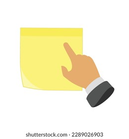 Paper stickers and hand. Hand indicating on yellow sticker. Notes for the message. 