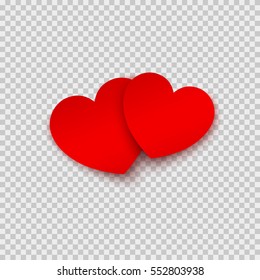 Pegatinas de papel en forma cardíaca con sombra aislada sobre fondo transparente. Vector vacía nota de la plantilla para Feliz Día de la Madre, San Valentín, boda, tarjeta de felicitación de cumpleaños o diseño de amor.