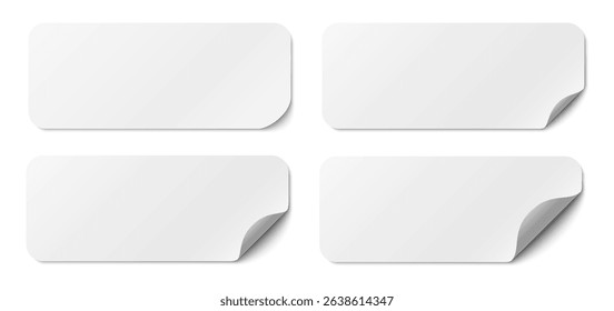 Paper stickers long square with rounded edges adhesive, isolated rounded plastic mockup, realistic set round paper curved corner, white tags, paper round stickers with peeling corner and shadow