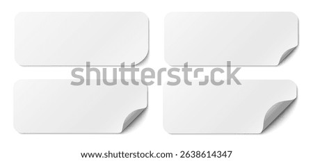 Paper stickers long square with rounded edges adhesive, isolated rounded plastic mockup, realistic set round paper curved corner, white tags, paper round stickers with peeling corner and shadow