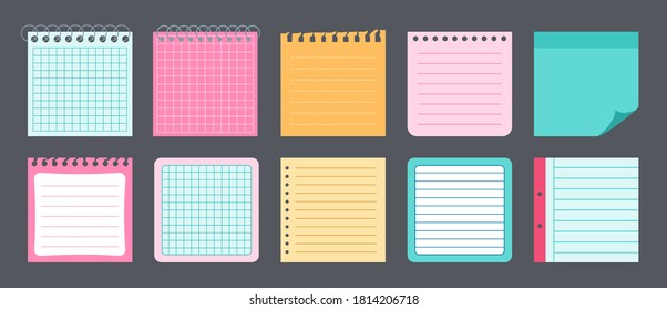Paper stickers note flat set. Notebook collection notepads and memo messages. Blank notes with elements of planning. Various tag business office. Isolated vector illustration