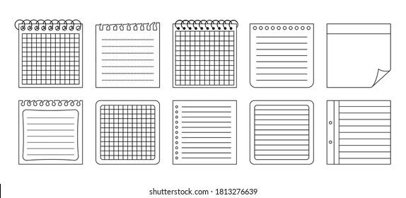 Paper stickers note line set. Notebook outline collection notepads and memo messages. Blank notes with elements of planning. Various tag business office. Isolated vector illustration