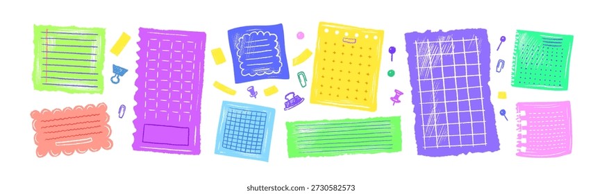 Papieraufkleber und Notizbuchblätter für den Tagesplaner. Nettes, helles Schulpapierset, perfekt für Memo-Boards und papierbasierte Designs. Rahmen für Text und Erinnerung. Satz von Vektorrasterseiten