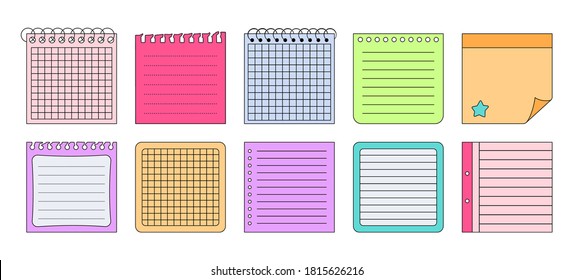 Paper stickers notes with elements planning set. Notebook outline collection notes and memo messages. Blank notepaper. Various tag business office. Isolated vector illustration