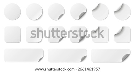 Paper stickers round, square and long square with rounded edges adhesive. Rounded plastic mockup, realistic set round paper curved corner, white tags, round stickers with peeling corner and shadow