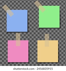 Paper stickers with scotch tape. Sticky notes with scotch tape, square sticky note pads, flat set of vector illustrations. Note paper for reminder or notification. On png background
