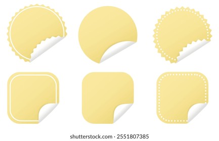 Paper Stickers Set, Label, Curved Corner, Yellow, Decorative Elements, Isolated, Vector