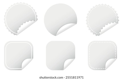 Paper Stickers Set, Label, Curved Corner, White, Decorative Elements, Isolated, Vector
