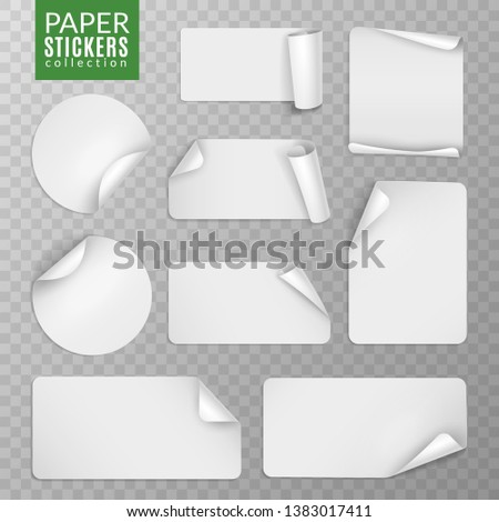 Paper stickers set. White label sticker page, blank badge bent note sticky banners curled corners wrapped sheets. Vector isolated collection