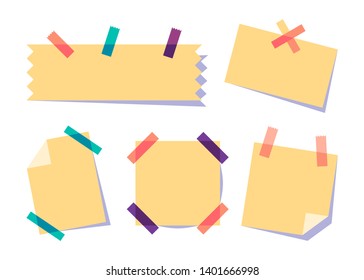 Paper stickers. Yellow patch sticker with  scotch tape. Vector flat illustration set
